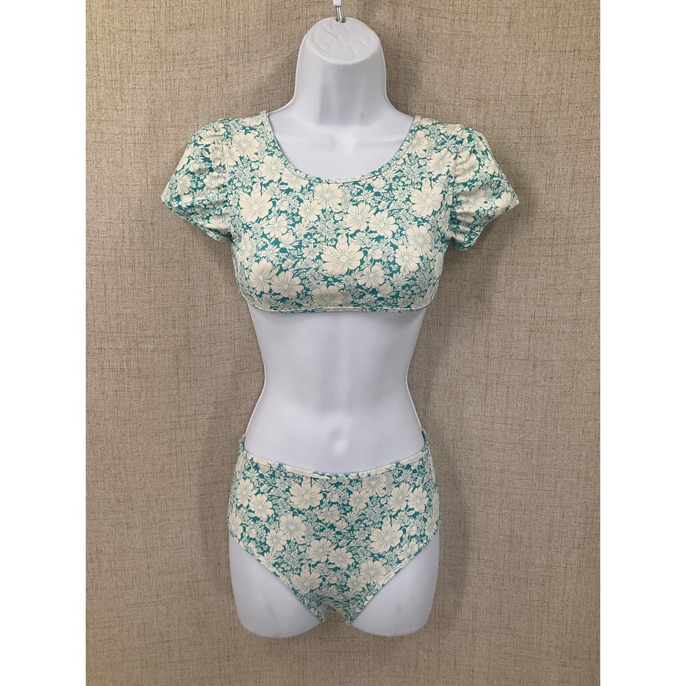 Vineyard Vines Bikini Set Womens L 14 Teal White Floral Puff Sleeve High Waist